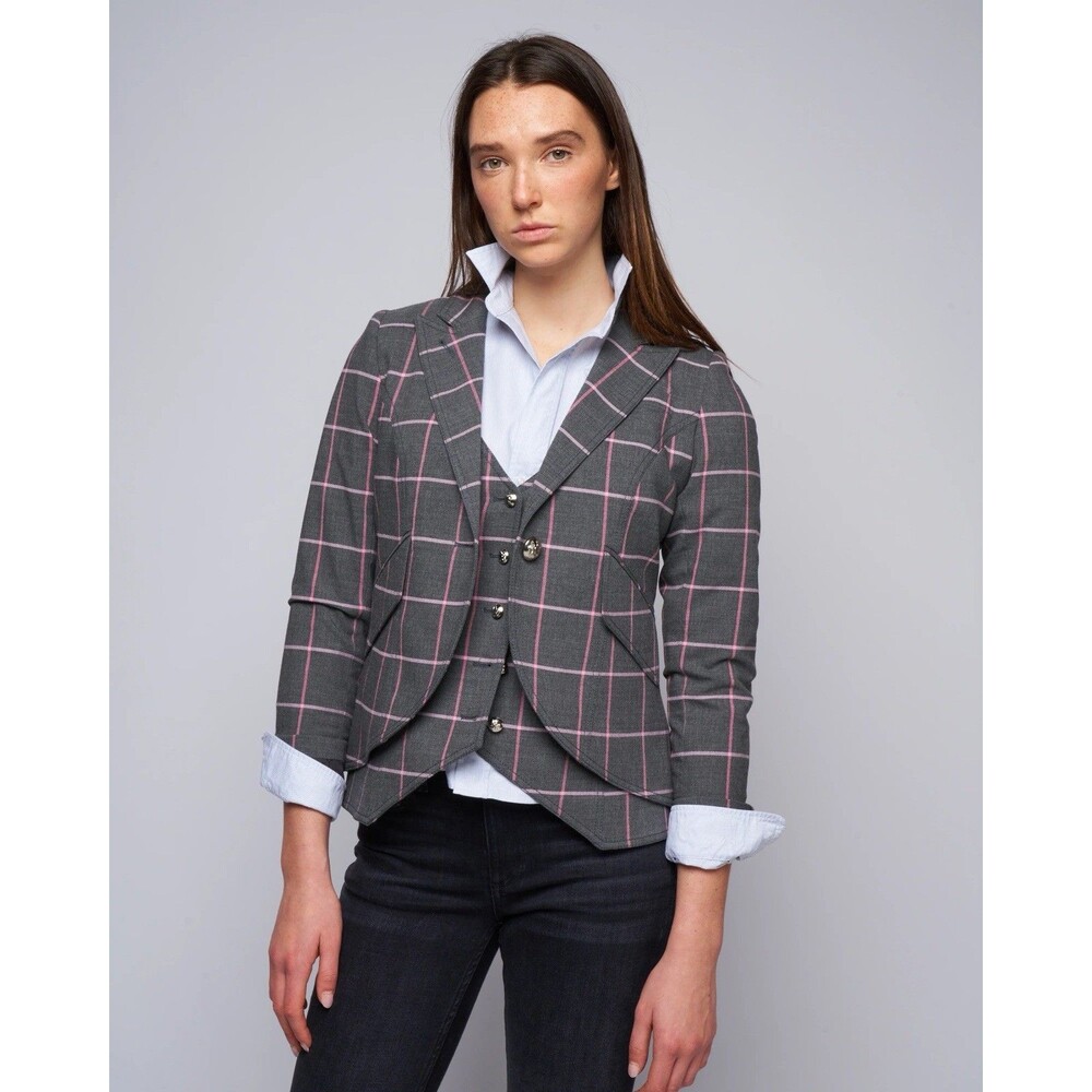 Smythe Windowpane Cutaway One-Button Plaid Blazer Grey Gray Size 10